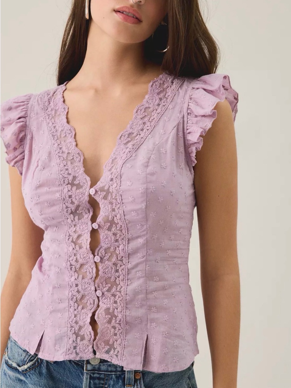 Lilac Lace-Trim Flutter Sleeve Top - Picture 4 of 4